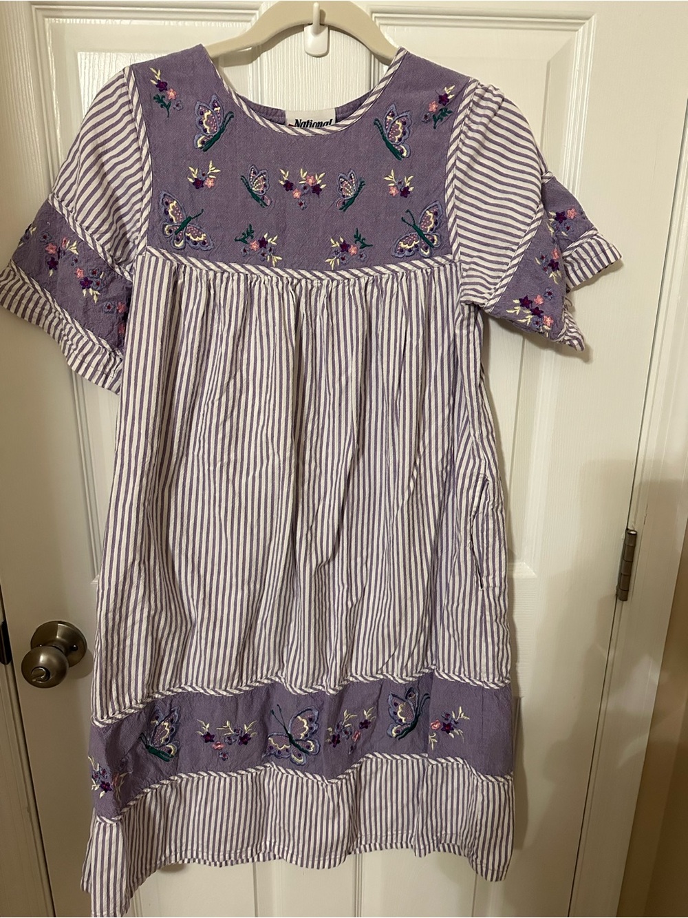 Vintage  Embroidered Lavender Stripe Casual Dress